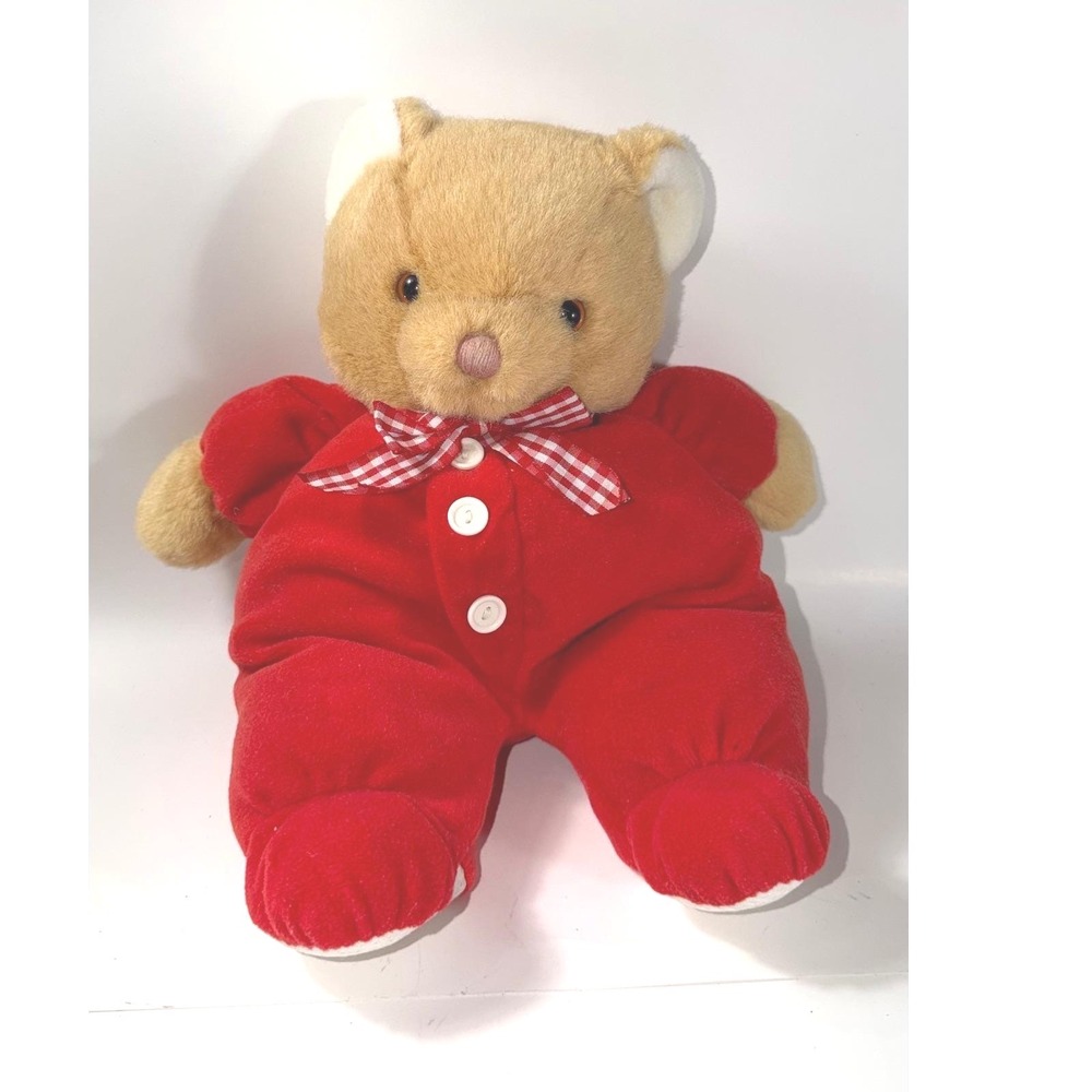 Eden Plush Teddy Bear Tan Red Velour Sleeper Gingham Bow Vintage Stuffed Animal